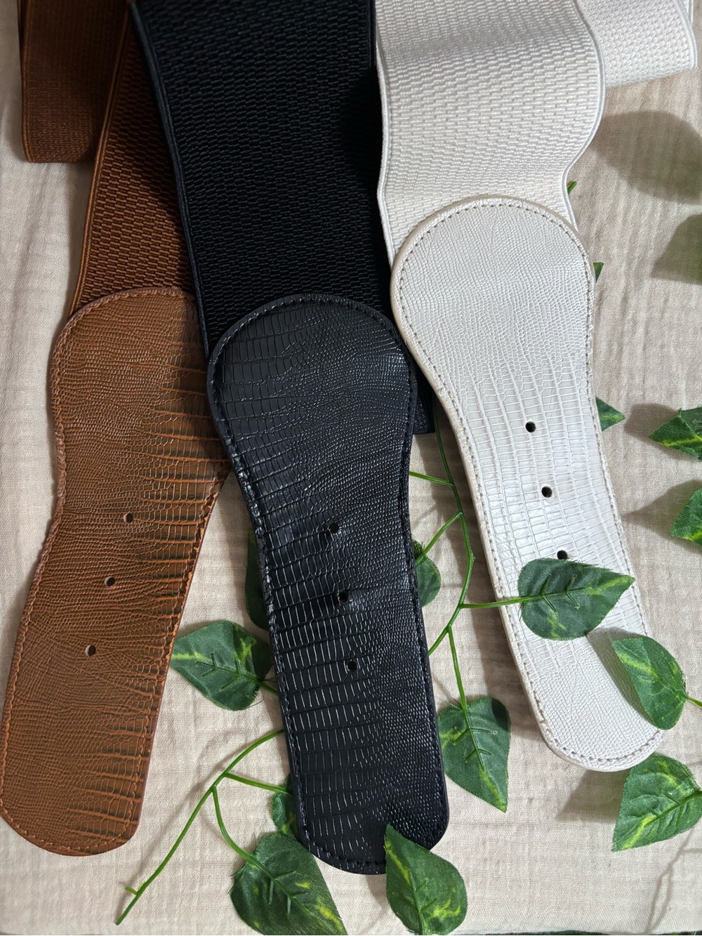 Set of 3 Wide Elastic Stretch Cinch Belts - Cognac Brown, Black, White Buckle